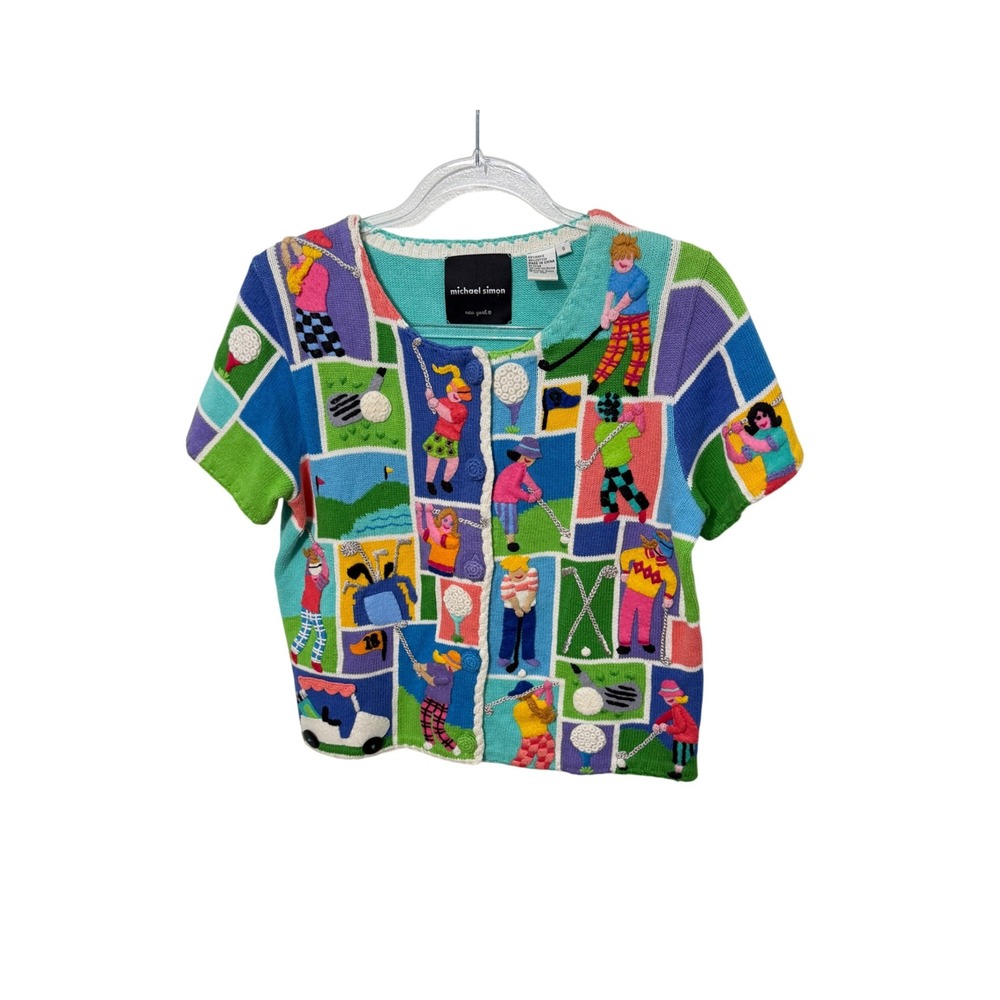 Michael Simon Cardigan Womens S Multi Color Vintage 1998 Golf Intarsia Knit Top